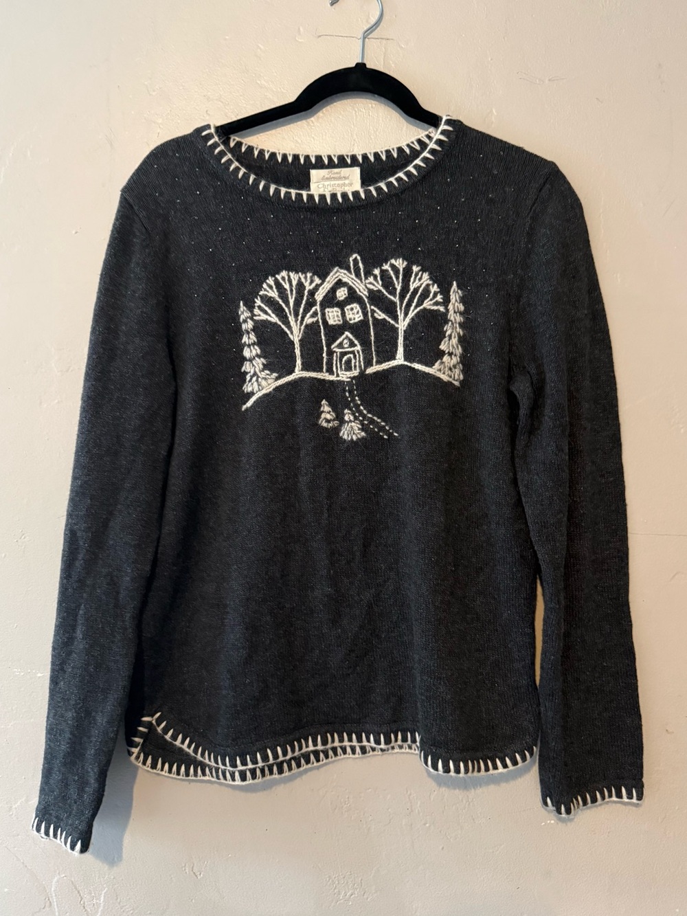 Christopher & Banks Charcoal Knit Crewneck Sweater with White Cabin Embroidery